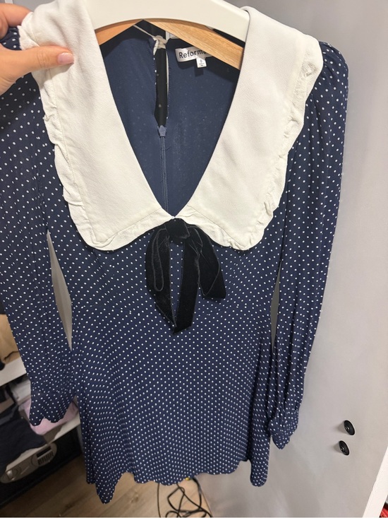 Reformation Dresses & Skirts - Reformation Navy Polka Dot Long-Sleeve Dress with White Scalloped Collar